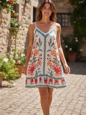 Floral Embroidered White Sundress with Pink & Orange Blooms